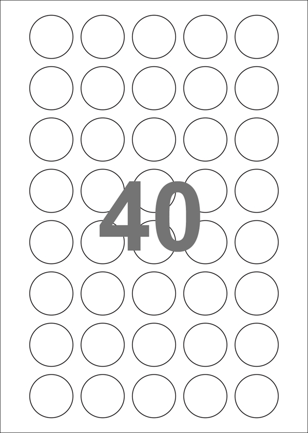 A4-etiketter, 40 stansade etiketter/ark, Ø30 mm, vit blank/glossy, 100 ark